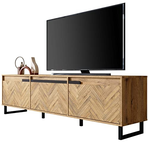 Newroom TV Lowboard Bartex Eiche Fischgrätenmuster TV Schrank Modern Klassisch - 186,4x53,8x42 cm (BxHxT) - Fernsehtisch TV Board Rack - [Melami.Four] Wohnzimmer Schlafzimmer