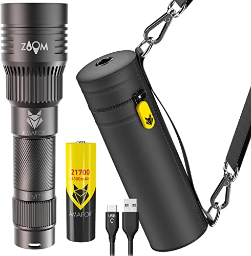AMAFOX G8-NEO - 2100 Lumen XENON Megabeam Power - LED Taschenlampe Aufladbar - Graphit - Extrem Hell | mit Neopren Tasche, USB C & 21700 Akku