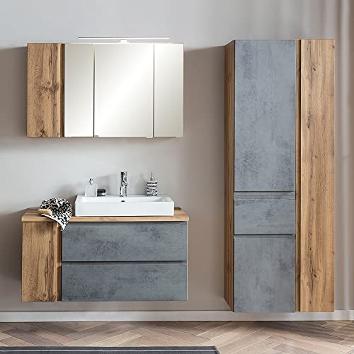 Lomadox Badmöbel Set mit Aufsatzleuchte und Keramik-Aufsatzbecken rechts, Wotan Eiche Nb. mit Beton Optik, B/H/T ca. 185/200/47 cm