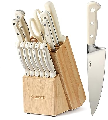 CAROTE Juego Cuchillos Cocina,Juego de Cuchillos de Chef por Verduras,12 Piezas con Revestimiento de Color Antiadherente,6 Cuchillos con Diseño de Cerámica y 6 Fundas,Aptas para el lavavajillas