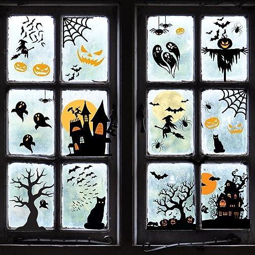 Haus Projekt Halloween Fensteraufkleber 53 Stk, Wiederverwendbare Fensterbilder, Halloween Deko Fenster, Gruselige Party Deko, Fledermaus Gespenst Katze Spukhaus Spinnennetz Hexen Aufkleber