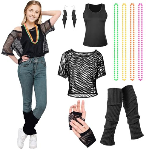 Amycute 90er 80er Jahre Outfit Damen, Aerobic Outfit 80er Damen, Netzshirt, 80er Jahre Accessoire, 80er Jahre Kleidung Damen, Karneval Kostüm Damen Hippie für 80er 90er Jahre Themenparty.