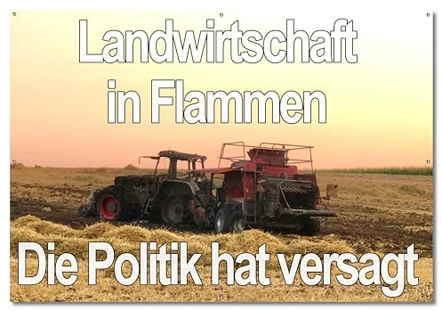 Protestbanner für Demo Landwirtschaft - Banner für Bauernprotest (Abgebrannter Traktor 1)