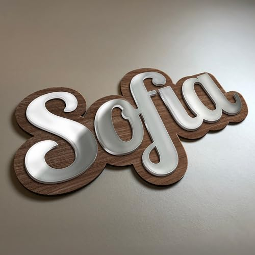 Personalisierbarer Vorname für Zimmertür, personalisierbar – personalisierbar – Schild aus Holz & Troglass Spiegel gestanzte Buchstaben (LUXE) (Nussbaum & Vorname Spiegel Silber)