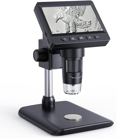 Microscopio Digital Electrónico portátil de 4.3 Pulgadas 1080P con 8 Luces LED Ajustables, Profesional para niños/Adultos 50-1000X, Vista de PC, Compatible con Windows MacOS-Negro