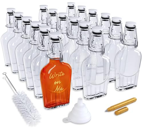 Nevlers Paquete de 18 frascos de vidrio de 8.5 onzas para licor, botellas de vidrio herméticas con tapa abatible con tapas, mini botellas de whisky y frasco de alcohol, botellas de vidrio de jarabe de
