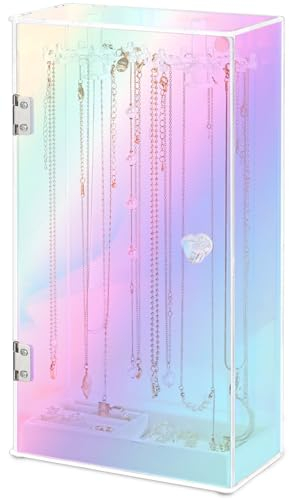 mepure Acrylic Jewellery Organiser, 24 Hooks Adjustable Necklace Holder Storage, Clear Jewellery Display Stand Case for Long Chains Bracelets, Jewellery Box w/Velvet Tray