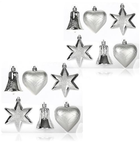 com-four® 12-teiliges Set Christbaumschmuck - Christbaumkugeln in verschiedenen Formen - Glocke, Herz und Stern zum Anhängen am Weihnachtsbaum (silberfarben - 12 Stück)