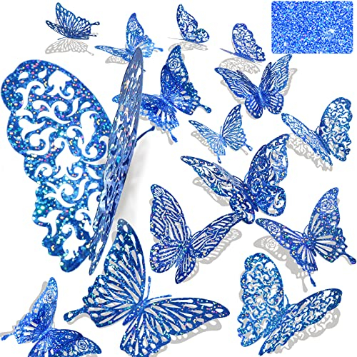 60 Pcs 3D Schmetterlinge Deko Schmetterling Wanddeko Aufkleber mit glänzenden Blau Schmetterling Abziehbilder Klassenzimmer Dekor mit Set 5 Stil Made abnehmbare dekorative Papier (Pailletten Blau)