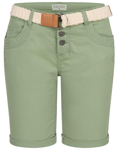 Stitch & Soul Damen Short Bermuda Kurze Hose Sommer Chino Stoff Hose mit Gürtel Neu