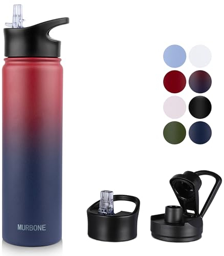 MURBONE Insulated Water Bottle, 750ml Stainless Steel Drink Flask with Straw, BPA Free, 2 Lids (Straw Lid and Spout Lid), Leakproof Double Walled Vacuum Water Bottle, Ruby Purple Gradient