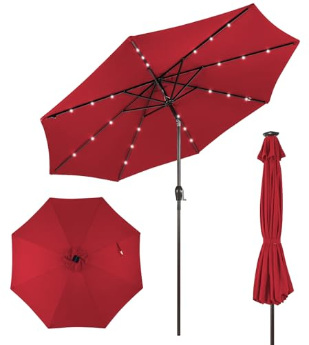 KOMFOTTEU Sombrilla Terraza Exterior Ø300cm con LED, Parasol Inclinable Plegable, Sombrilla de Jardín con Manivela y 8 Varillas, Sombrilla de Terraza con Protección Solar (Rojo)