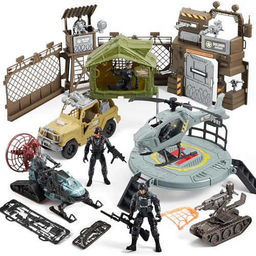 SYNCFUN Militär-Spielzeugset, Toy Soldiers, Militärbasis, Fahrzeuge, Actionfiguren, Hubschrauber mit Licht und Ton, Kampfspielzeug für Kinder