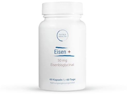 Patris Health® Eisen+ 50 mg Eisenbisglycinat - Ein starkes Eisenpräparate mit 60 Kapseln zu 50 mg Eisenbisglycinat pro Kapsel