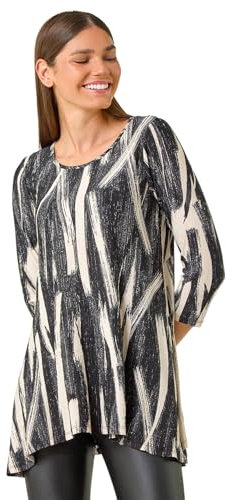 Roman Originals Hanky Hem Tunic Top for Women UK - Ladies Longline Blouse Asymmetric Hemline Casual Slouch Loose 3/4 Sleeves Round Neck Relaxed Comfortable Holiday - Beige - Size 12