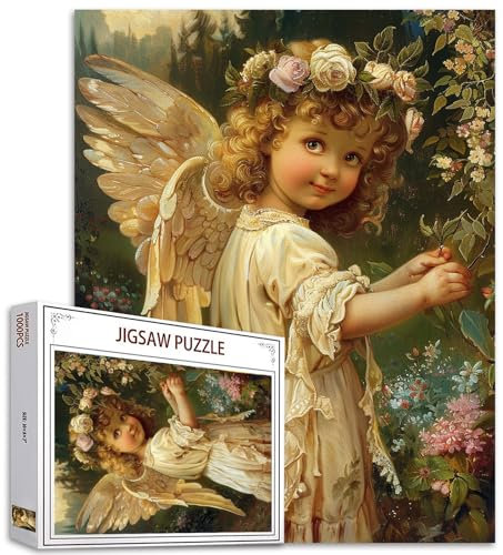 Tucocoo Little Girl Jigsaw Puzzle 1000 Teile Puzzles für Erwachsene, Niedliche Engel Garten Blumen Natürliche Kunst Puzzles für anspruchsvolle Familienaktivitätsspiele DIY Handwerk Puzzle für Home
