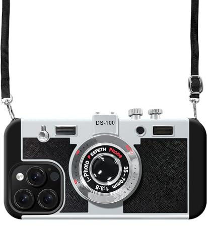 UnnFiko Emily in Paris Handyhüllen iPhone 14 Pro,3D Vintage Kamera lustige kreative hülle mit abnehmbarem Kette,Schutzhülle zum Umhängen,Schwarz.