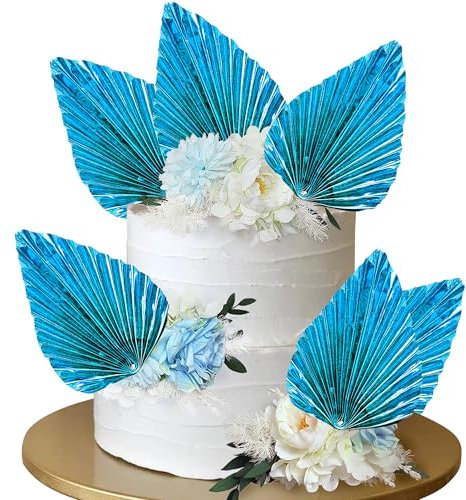 6 Stück Papier Palmen Fächer Kuchen Deko Palme Fan Tortendeko Handwerk DIY Fan Cupcake Toppers Palme Speer Blätter Cake Toppers für Baby Dusche Hochzeit Geburtstag Party Kuchen Dekoration Knall Blau