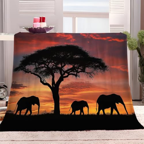 Kuscheldecke 220x240 cm Afrika Elefant Sonnenuntergang Flauschig Decke Fleecedecke, Sofa Überwurfdecke, Wohndecke Warm Weich Sherpa Wolldecke, Gemütlicher Überwurf Für Bett und Couch
