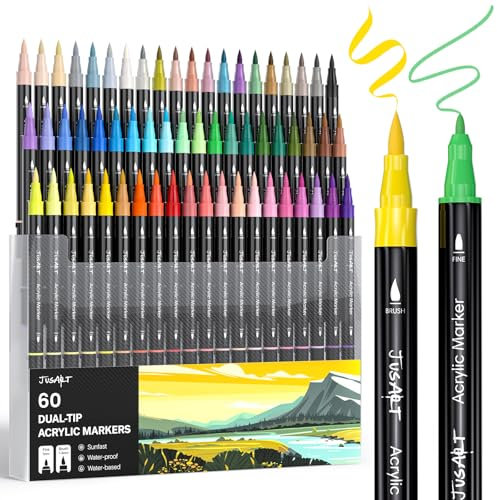 JusArt 60 Acrylstifte mit Doppelspitze, Pinsel und feine Spitze, Acrylic Marker Wasserfest, Premium-Farbstifte für Holz, Leinwand, Eier, Stein, Stoff, Felsen, Metall, Glas, Keramik,Geschenke