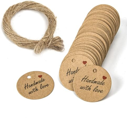 JchEnye 100 Cartellini Regalo Cuori Kraft Rotondi 3 cm Corda 20 m Fai-da-Te Decorazioni