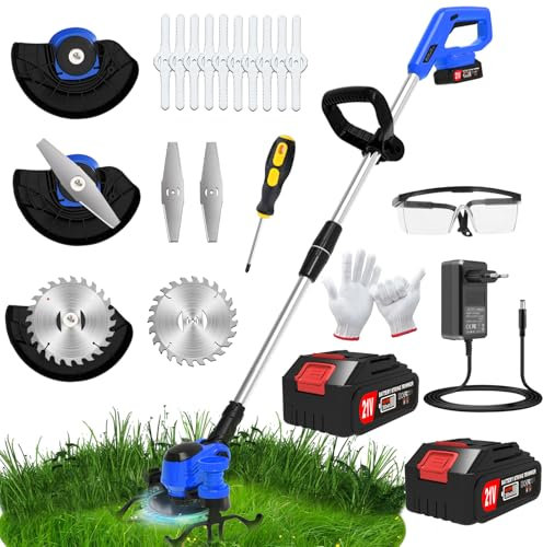 Cordless Strimmer 21V Battery Strimmer Lightweight Garden Strimmer with 2pcs Batteries&13pcs Blade&removable Wheels Brush Cutter Height adjustable Electric Strimmer for Gardens Lawns