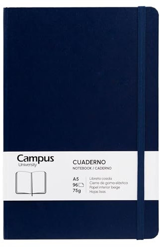 Campus Notizbuch A5, Bullet Journal mit glatten Blättern, genähtes Notizbuch mit festem Einband, 96 Blatt à 75 g, elastischer Verschluss, Tasche und Lesezeichen (A5, glatt, marineblau)