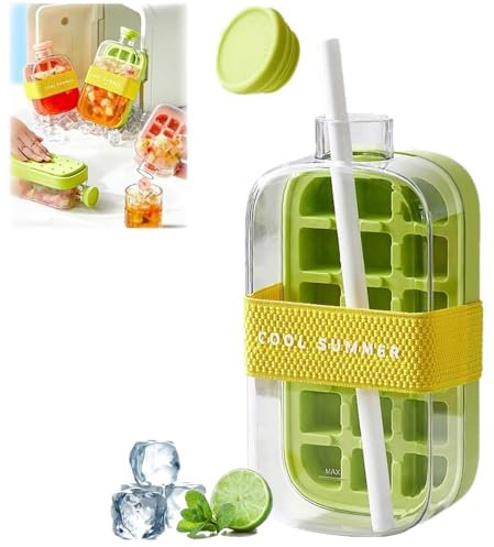 Botella de hielo, 2 en 1 con molde para cubitos de hielo, botella de agua con tapa y contenedor, botella de cubitos de hielo, bandeja vertical fácil de presionar para liberar cubitos de hielo con tapa
