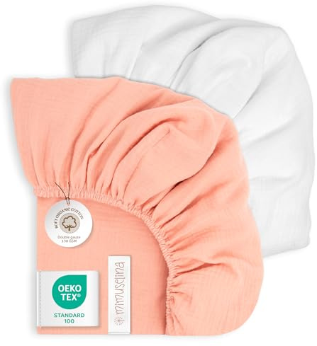 Mimuselina Spannbettlaken Stubenwagen 35x75 – 2er-Pack Stubenwagen Bezug 75x35 aus 100 % weicher, atmungsaktiver Musselin-Baumwolle – Handgefertigt in Spanien – [ Rosa + Weiß]