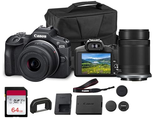 Canon EOS R50 Mirrorless Camera with 18-45mm & 55-210mm RF-S Lenses | 24.2MP APS-C Sensor, Dual Pixel CMOS AF, 4K Video | Compact Hybrid Camera Kit with Shoulder Bag and 64GB Card