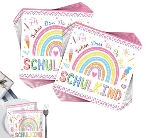 40 Stück Servietten Einschulung- Schön Dass Du Da Bist SCHULKIND, Regenbogen Einschulung Servietten,Schulanfang Deko 2025 Junge Mädchen, Party Feiern Deko, Schuleinführung Party,33 x 33 cm