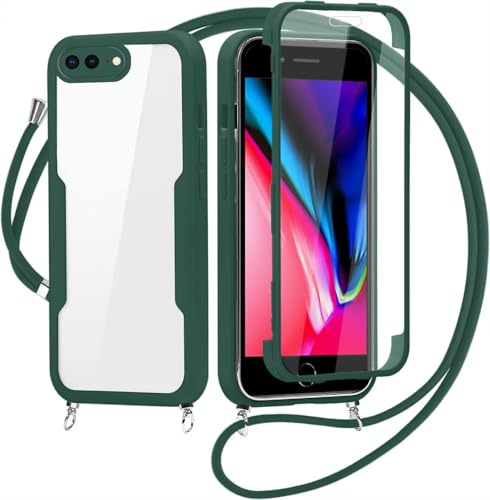 Crossbody Lanyard Case for iPhone 7 Plus/iPhone 8 Plus with Strap,360° Full Body with Built-in Screen Protector Touch Sensitive Shockproof Soft TPU Bumper Necklace Phone Case Protective Cover(Green)