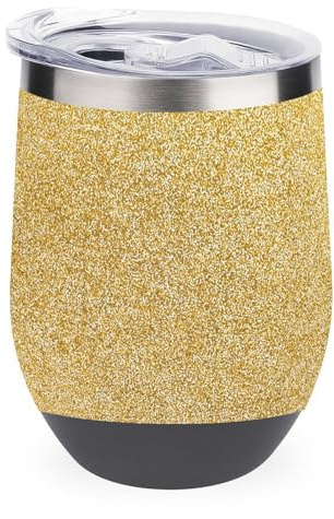 Jubonexis Gobelet à vin en acier inoxydable à texture pailletée dorée - Tasse isotherme à double paroi avec couvercle - 355 ml