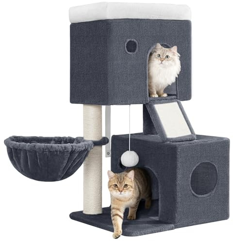 Fobyfurny Kratzbaum Klein, 82 cm Hoch Katzenkratzbaum, Dunkelgrau | Katzenbaum Klein mit 2 Gemütlichen Höhlen, 1 Plattform, Korb, Sisal-Kratzbaum, Kratzbretter für Katzen, Pompons FPMS002FG2