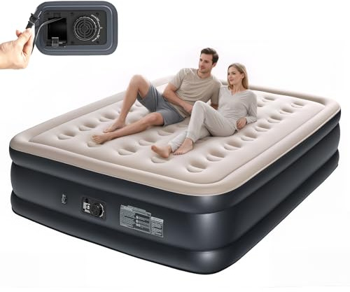 BIUNZZIG Queen Luftmatratze mit eingebauter Pumpe, 45,7 cm verdickte Komfortverbesserung, beflockte Oberfläche, Waben-Säulen-Design, tragbare aufblasbare Matratze für Zuhause, Gäste, Camping, 295 kg