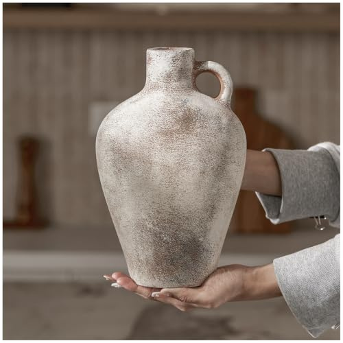 DN DECONATION Vase für Wohnzimmer Deko, Rustikale Blumenvase Tischdeko | Keramik, Boho Deko, Terrakotta Vase mit Henkel. Vasen für Esstisch Mittelpunkt Bücherregal Couchtisch und Sideboard