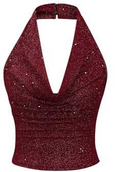 GORGLITTER Sommer Tops Damen Neckholder Top Glitzer Crop Tops Festival Outfit Sexy Party Top Glitzertop Sommermode Drapiertes Oberteil Bordeaux XS