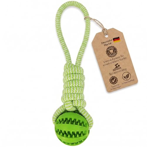 derpuck Wurfball Grün mit Handschlaufe - schwimmend, mit Zahnpflege-Noppen | Leckerli-Fach, für kleine & mittlere Hunde, Wurfspielzeug, Apportierspielzeug & Hundeball