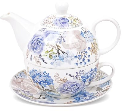 fanquare Juego de Té para Una Persona en Porcelana 400ml Diseño de Rosas y Hortensias Azules,Juego de Tetera con Taza de Café y Platillo para Té de la Tarde Desayuno y Regalo Hogar