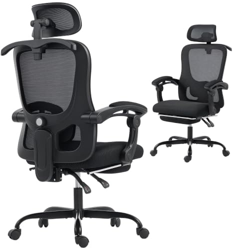 HOMCOM Chaise Bureau Ergonomique, Fauteuil de Bureau en Maille Noir | Appuie-Tête Réglable, Hauteur Réglable, Dossier Inclinable, Support Lombaire, Fonction à Bascule, Repose-Pieds, Pivotant 360°