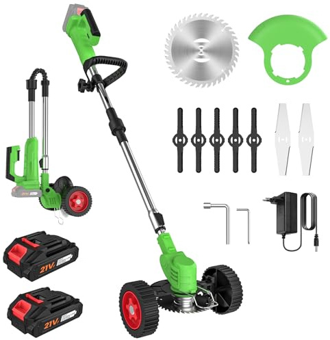 Akku Rasentrimmer, 21V Elektrischer Rasentrimmer mit 2 Akku und 3 Klingentypen, 800 W Motor Aus Reinem Kupfer, Abnehmbare Räder, Teleskopstange, Faltbar Akku Freischneider für Garten, Hof