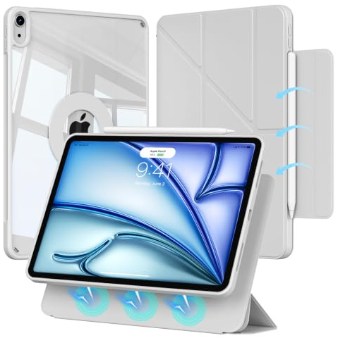 Aoub Hülle für iPad Air 11 Zoll (M4/M3/M2 2026-2024 & Air 5./4. Gen 2022/2020) – magnetisch abnehmbar, klare PC-Rückseite, Stifthalter/Y-Faltung – automatische Schlaffunktion, Grau