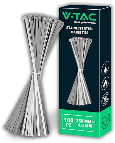 V-TAC Bridas para Cables de Acero Inoxidable - [ MUY LARGAS: 35 CM ] - Paquete de 100 PIEZAS - Ancho 4.6 mm - Bridas para Cableado Multiuso - Sujetacables para Electricista, Mecánico y Tubos Metálicos