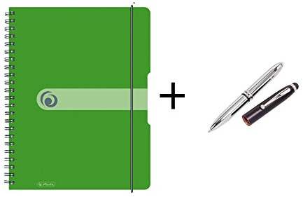 Herlitz Spiralblock / Collegeblock / DIN A4 / kariert / 80 Blatt / Farbe: grün + LED Touchpen Kugelschreiber