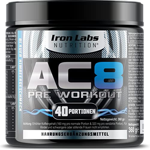 AC8 – Pre Workout Booster (Blaue Himbeere) – Booster mit Kreatin, Beta-Alanin, Taurin und Koffein – Preworkout pulver (360 Gramm)