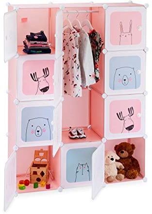 Relaxdays, 9 Regal , Steckregal Kinderzimmer, Mädchen, lustige Motive, Kunststoff, DIY Schrank mit Türen, HBT 145x110x37,5 cm, rosa