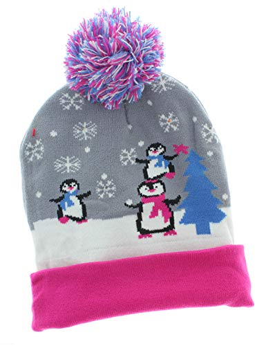 MIK funshopping Lustige Weihnachtsmütze Pudel-Mütze Beanie-Hat mit PomPom und LED Licht (Penguins)