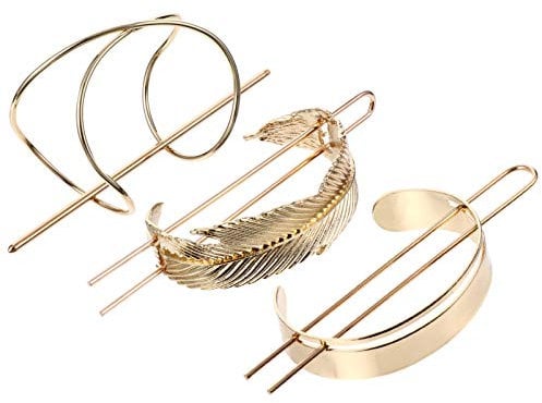 FRCOLOR 3pcs Hair Cuff Bun Alloy Round Top Hair Bun Holder Minimalist Hair Clip Vintage Hair Pin Clips Stick Wedding Hair Barrettes for Women Hair Accessories Golden
