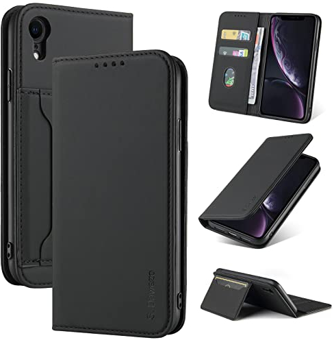 S. Dawezo Handyhülle für iPhone XR Hülle,Premium Leder Klappbare Flip Case [Stoßfeste][Magnetische][Standfunktion] [Kartenfächern] Tasche Schutzhülle für iPhone XR-Schwarz