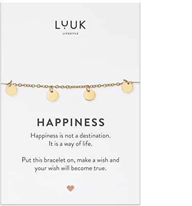 LUUK LIFESTYLE Moderne Edelstahl Damen Armbänder mit Anhänger, HAPPINESS Spruchkarte, filigraner Damenschmuck, Geschenkidee, Glücksbringer, Gold, Silber und Roségold